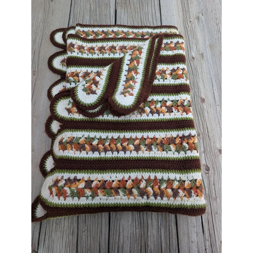 Vintage Handmade Crochet Blanket Earth Tones Cottagecore Boho 50x69 Afghan Throw